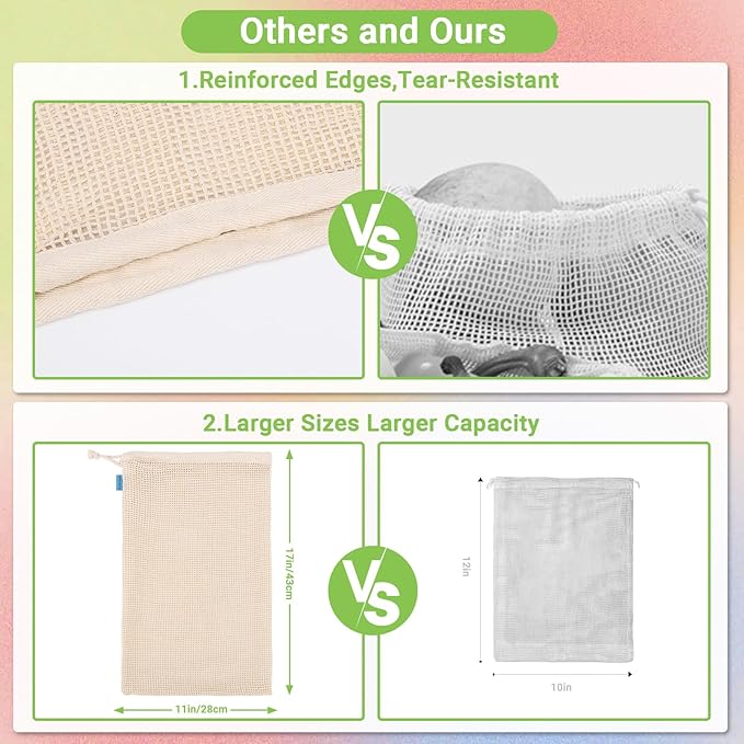 Pack of 6 Reusable Produce Bags Washable, 3 Sizes (2xS+2xM+2xL) Reusable Grocery Bags Heavy Duty Cotton Bag Mesh Bags for Vegetables, Enhanced Closure Edge, Double Stitched, with Tare Weight