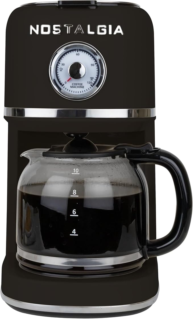 Nostalgia Classic Retro 10 Cup Coffee Maker - One-Touch Drip Brew, Reusable Filter - Anti-Drip, Auto Shutoff, & Time Display - Dishwasher Safe 50 oz Carafe - Black