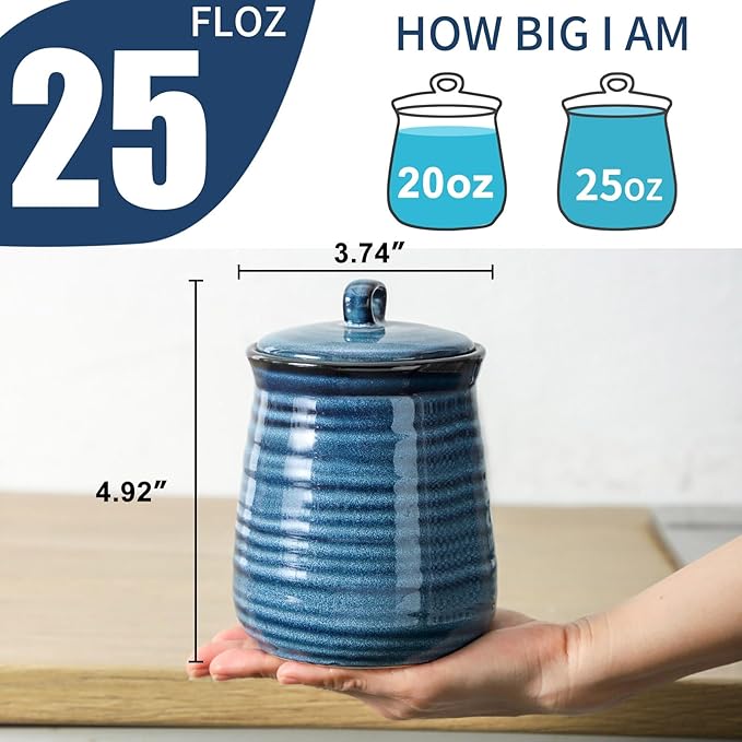 HASENSE Ceramic Food Storage Jars Set of 3,25 FL OZ Kitchen Canisters with Airtight Lids, Coffee,Tea and Sugar Containers, Farmhouse Decor for Kitchen, Blue