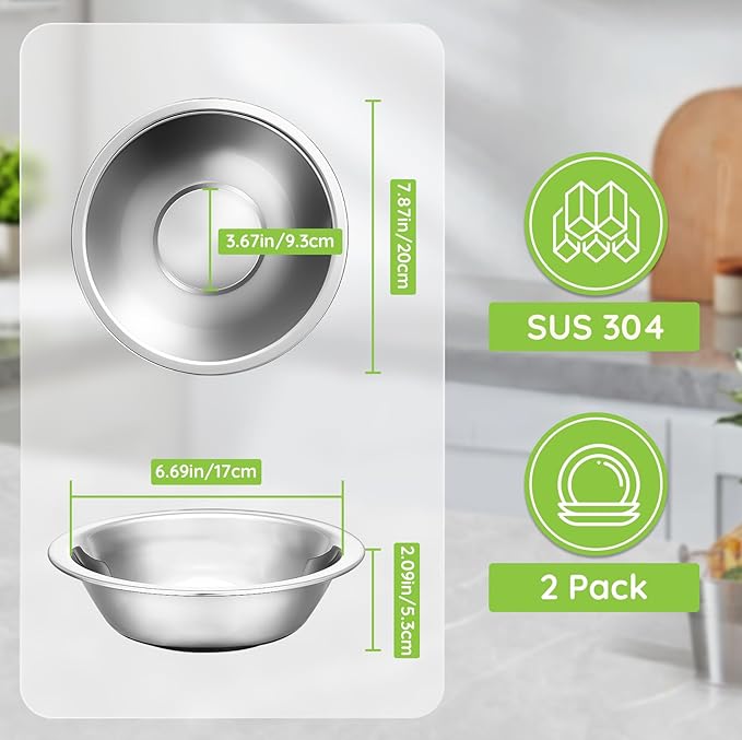 304(18/8) Stainless Steel Mixing Bowls for Kitchen, 2 Pack 7.8" 28.89 fl.oz Metal Mixing Bowls Set Stackable for Baking Serving Cooking Food Prep Storage Dishwasher Safe Lightweight