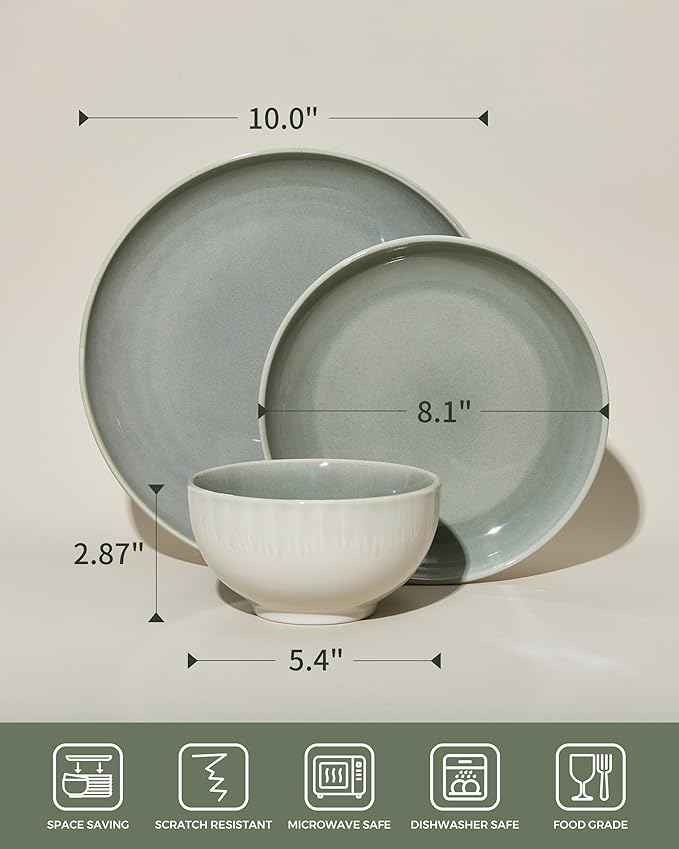 Stoneware Dinnerware Sets Service for 12, 36 pcs Reactive Glaze Plates and Bowls Sets, Handmade Ceramic Dish Set, Highly Chip and Crack Resistant Modern Plate Set, Gradient Green
