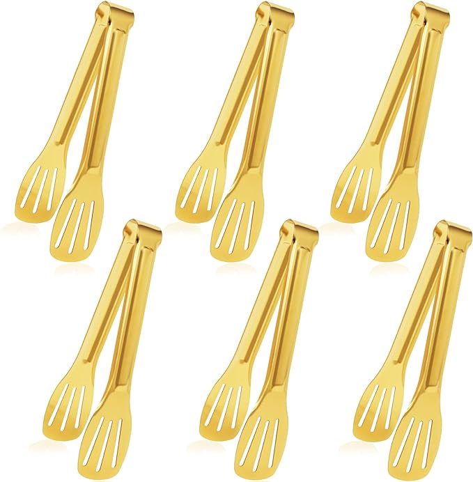 JCREN Serving Tongs 6 Pack Stainless Steel Buffet Tongs Kitchen Tongs, Small Tongs Gold Tongs Serving Utensils for Party Catering, Gold,7 Inch