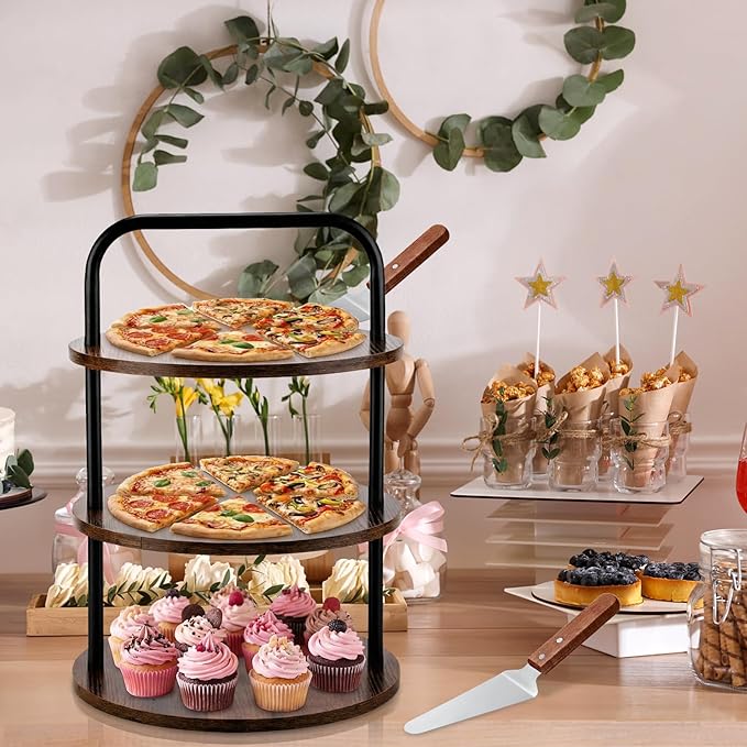 4 Pcs Wooden Pizza Stands Tiered Serving Tray Stand with 3 Pizza Servers for Pie Cupcake Dessert Cheese Party Restaurant