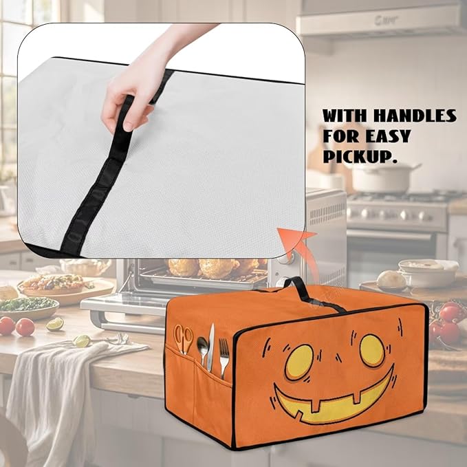 Air Fryer Toaster Oven Cover Fabric Convection Oven Cover with Pockets, Washable Small Appliance Dust Protection, L, Cartoon Pumpkin Face Pattern Halloween Decor