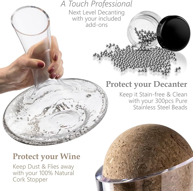 Wine Decanter & Accessories (Cork Stopper + Cleaning Beads) - 100% Lead-Free Crystal Wine Carafe – Unique Gift Idea