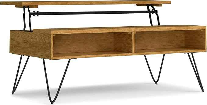 SIMPLIHOME Hunter 48 inch Wide Rectangle Industrial Lift Top Coffee Table in Oak Veneer for the Living Room and Family Room
