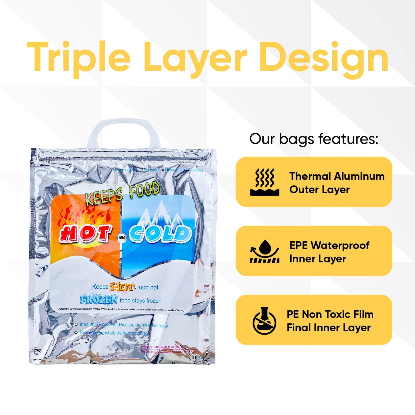 Superio Hot and Cold Insulated Bags for Food Delivery, Grocery Shopping Bags, Food Storage for Hot and Frozen Food for Travel, Disposable Cooler Bag, Reinforced Thermal Lunch Bag (2, 16"x19.25")