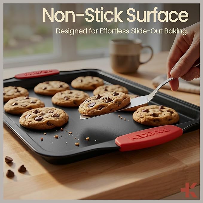 BAKKEN Kitchen Baking Pans - 15.15 x 10.03" Medium Nonstick Sheet, Durable Carbon Steel Cookie Sheet with Red Silicone Handles, PFOA, PFOS, PTFE Free, Oven Safe Tray (Up To 450°F), Set of 1