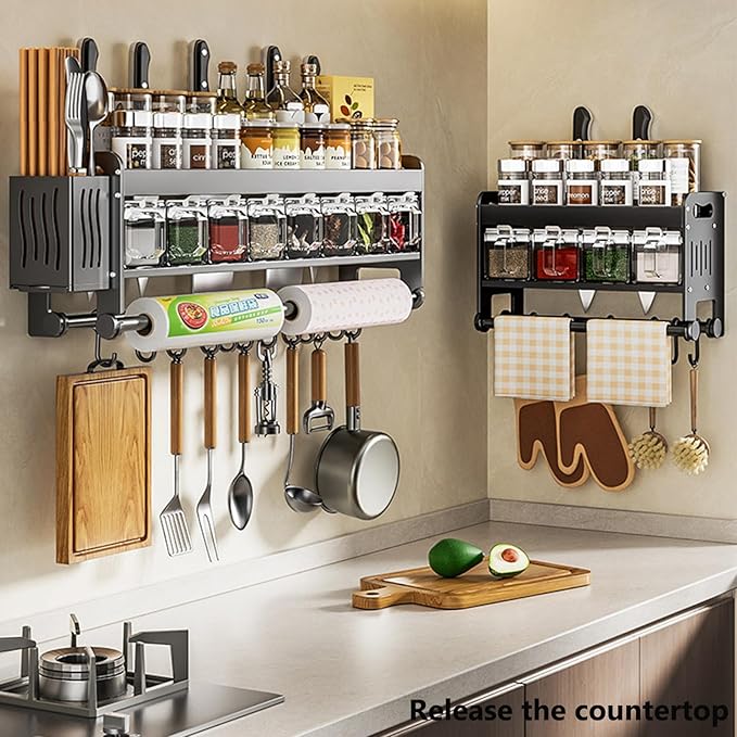 Hanging Wall Mount knife Wall Mount,Condiment Cup, Space-Saving Knife Rack with Hooks, Kitchen Organizer Storage Shelf for Utensils Spatula Spoon, Kitchen Utensil Hanger (Black, 48cm+6Cups+10Hooks)