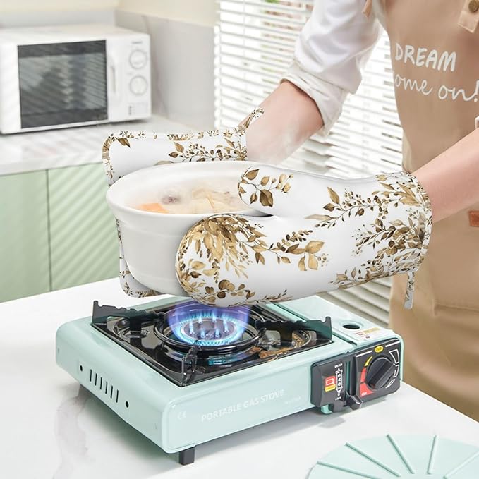 Brown Eucalyptus Oven Mitts and Pot Holders Set, 4pcs Silicone Watercolor Plant Leaves with Floral Oven Glove for Kitchen Heat Resistant Oven Mitts and Potholders Non-Slip for Cooking