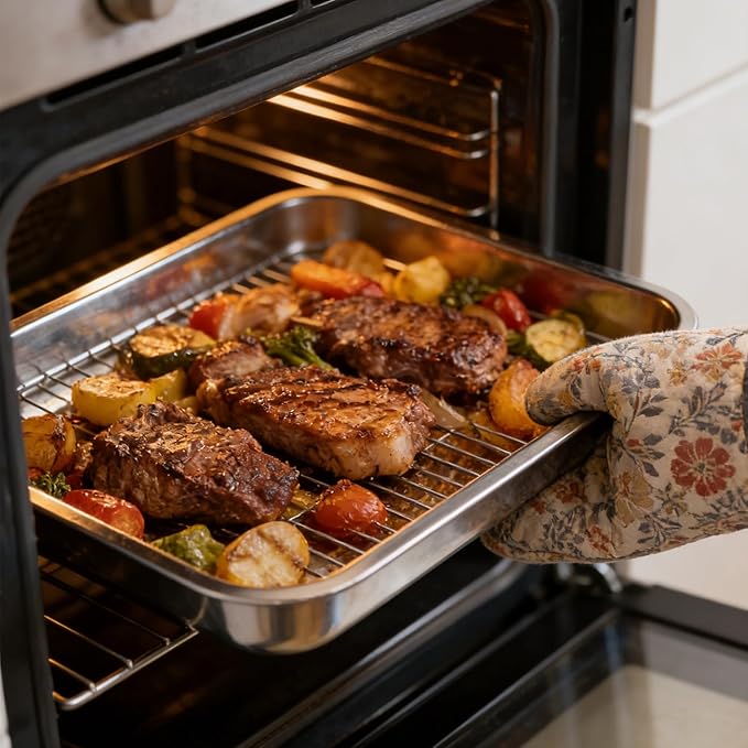 2 Pcs 13"15.4" Stainless Steel Roasting Pans with Handles, Baking Pan for Oven Includes 2 Flat Racks, Dishwasher Safe Rectangular Lasagna Pan for Turkey, Chicken and Roasting, Silver