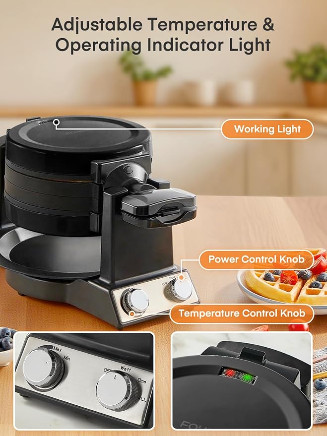 FOHERE 2-in-1 Omelette Maker&Waffle Maker, 1400W Omelet Maker 180° Flip, Adjustable Browning Control, Non-Removable & Nonstick Pans, Make Two Omelet and One Waffle at Once for Home (Dark Black)