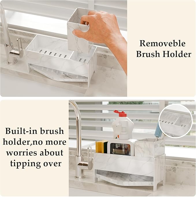 Sponge Holder for Kitchen Sink, Acrylic Sink Caddy Organizer with Removable Brush Holder, Countertop Soap Dispenser Organizer with Marble Texture, Kitchen Organizers Storage, White