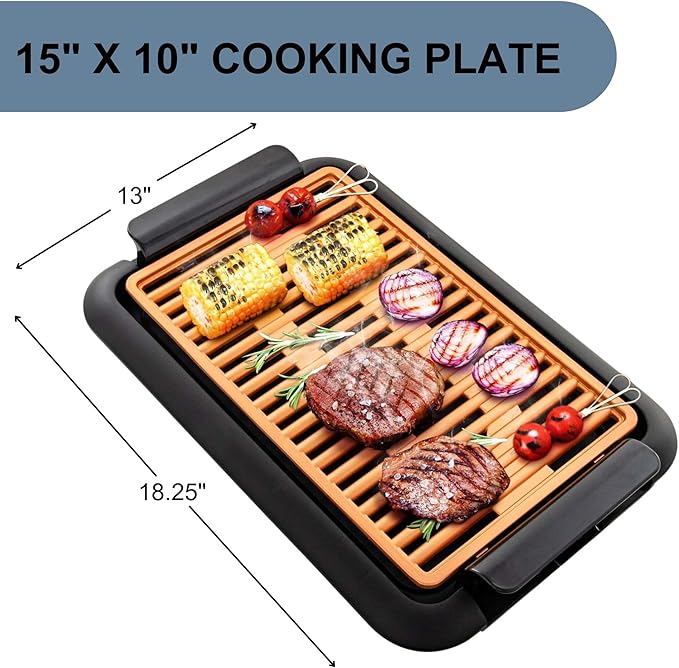 OVENTE Electric Indoor Grill with 15x10 Inch Non-Stick Cooking Surface, 1200W Fast Heat Up Power, Adjustable Temperature, Removable and Dishwasher Safe Grilling Plate and Drip Tray, Copper GD1510NLCO