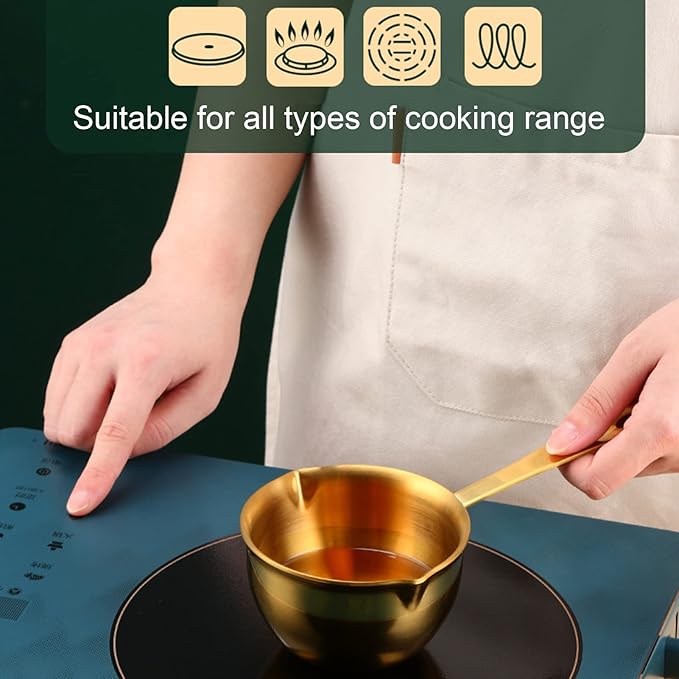 Stainless Steel Butter Warmer, Saucepan Chocolate Milk Butter Melting Pot Small Sauce Pan with Pour Spouts Cooking Pot for Hot Oil Soup Coffee Tea Warming (Gold)
