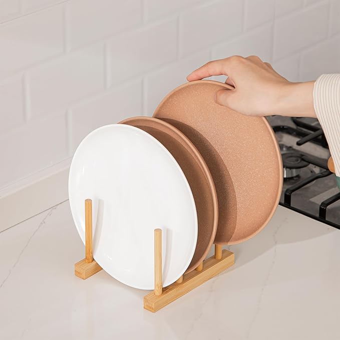 HBlife 2pcs Bamboo Dish Plate Bowl Cup Book Pot Lid Cutting Board Drying Rack Stand Drainer Storage Holder Organizer Kitchen Cabinet（Keep Dry）