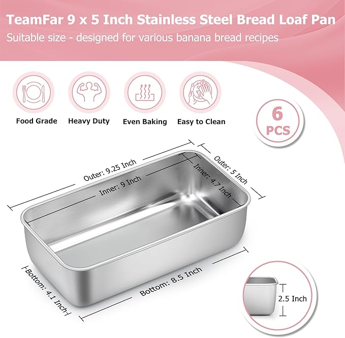 TeamFar Loaf Pans for Baking, 9 × 5 Inch Stainless Steel Loaf Bread Pans Tins for Homemade Bread/Brownies, Healthy & Sturdy, Oven & Dishwasher Safe - Set of 6