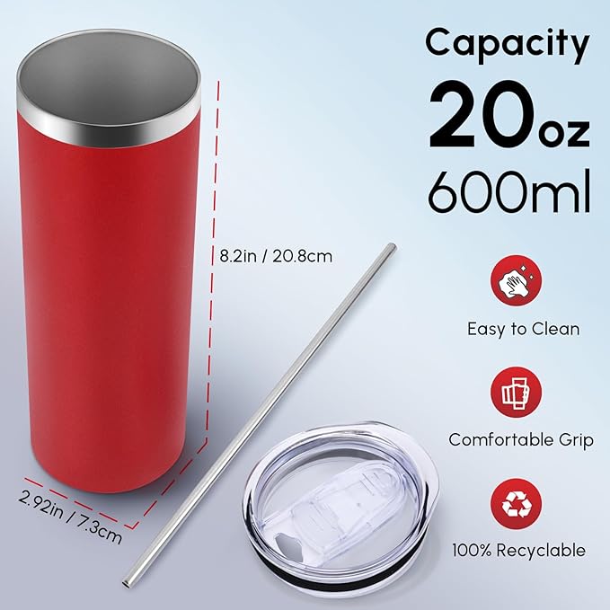 Volhoply 20 oz Skinny Tumbler with Lid and Straw, Stainless Steel Straight Tumblers Cup, Vacuum Insulated Coffee Mug for Home, Office, Travel, DIY (Red,1 Pack)