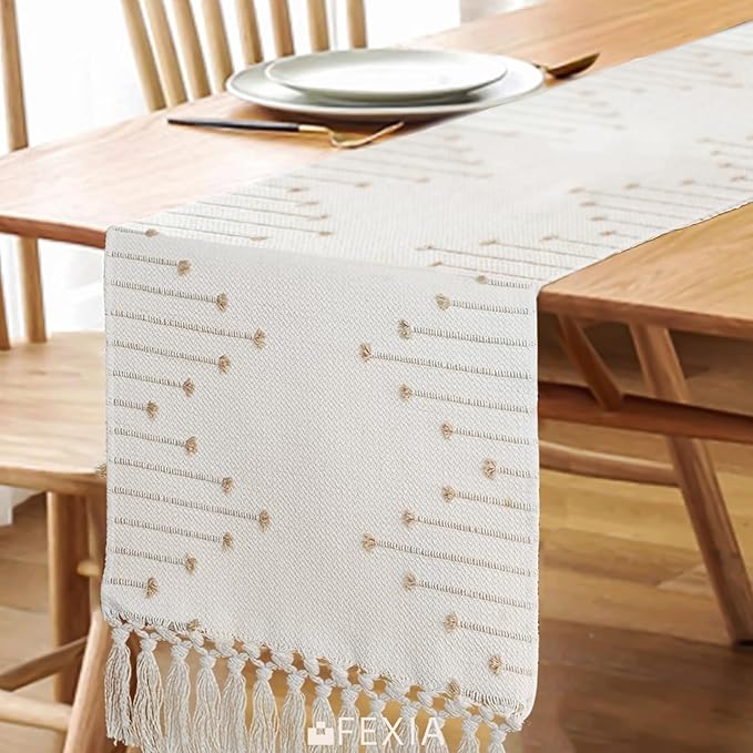FEXIA Boho Table Runner with Tassels 90 Inches Long for Home Decor Macrame Room Decor Farmhouse Rustic Table Runners for Dining Bedroom Bridal Shower (12x90 Inches)
