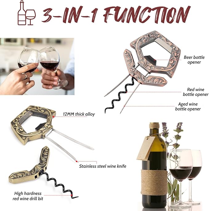 3 in 1 Ah So Two Prong Wine Opener & Cork Remover,It Can Remove The Older and Fragile Wine Corks so Easy for Connoisseurs to Uncork (Bronze)