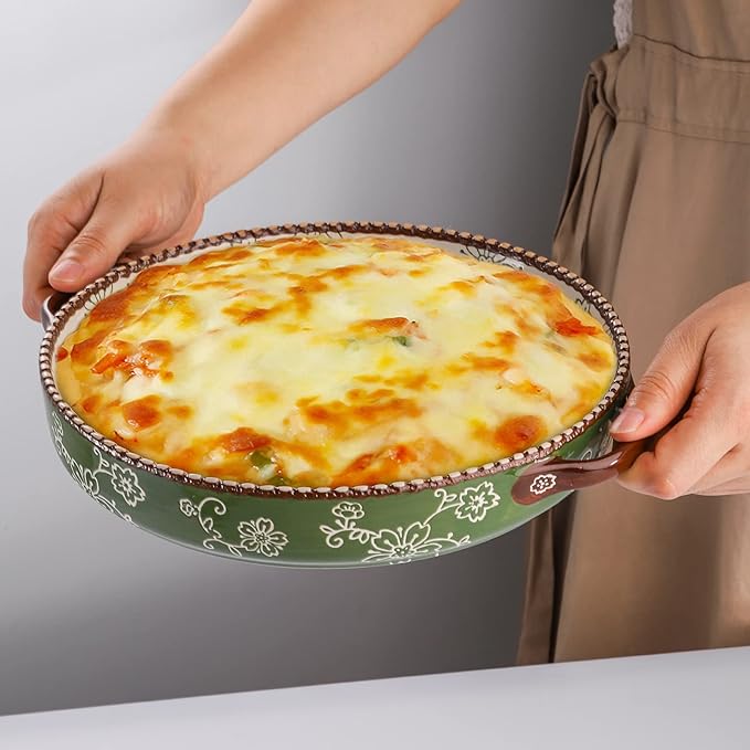 AVLA 2 Pack Ceramic Pie Pan, 9 Inch Round Baking Dish with Double Handle, 28 Ounce Deep Quiche Plate for Kitchen, Cooking, Roasting Lasagna (Sakura, Green)