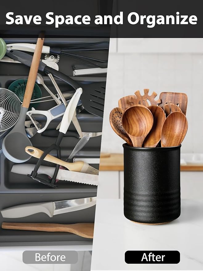 Utensil Holder, 6.7" Ceramic Kitchen Utensil Crock for Countertop Cooking, Modern Utensil Caddy Jar Organizer for Farmhouse Kitchen Counter Décor, Textured Black