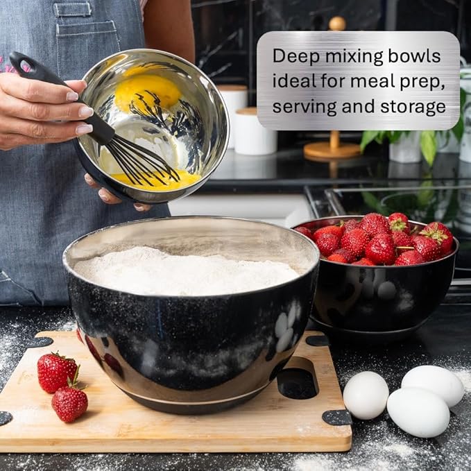 WHYSKO Stainless Steel Mixing Bowls Set of 3 with Non-Slip Silicone Base, Nesting Metal Bowls for Meal Prep, Baking, Cooking & Food Storage, Dishwasher Safe Kitchen Mixing Bowls, Black