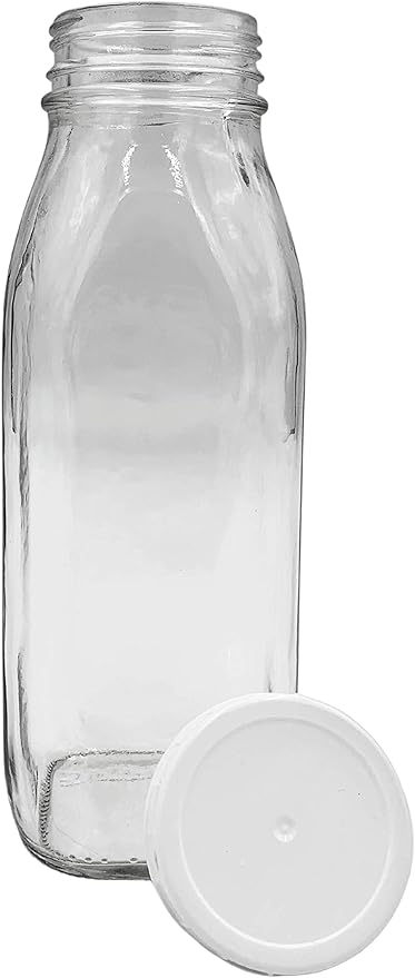 The Dairy Shoppe Glass Milk Bottle, Heavy Glass with Lid, Creamery Style (2, Threaded Pint)