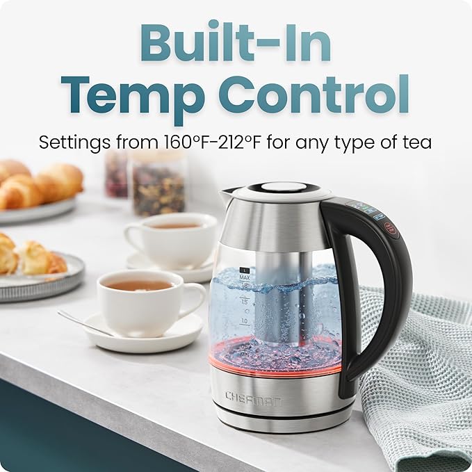 CHEFMAN Lightning High-Powered Electric Kettle, 1.8L 1750W, Rapid Boil 2 Cups in 2 Minutes, BPA Free Cordless Tea Kettle with Digital Temperature Control and 1-Hour Keep Hot – Stainless Steel