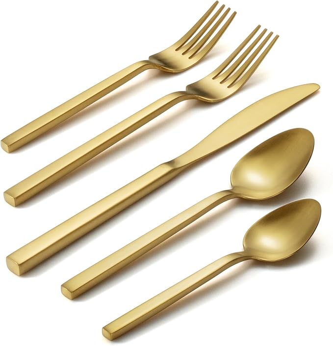 Alata Cube Gold 20-Piece Flatware Set, Forged Cutlery Set, Matte Gold Silverware Service for 4, Stainless Steel Tableware with Square Handle for Home/Restaurant, Dishwasher Safe