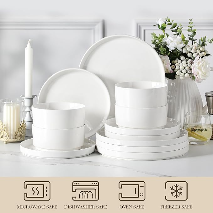 MALACASA 12 Pieces Porcelain Dinnerware Set, Modern White Dish Set for 4, Premium Serving Plates and Bowls Sets, Chip and Scratch Resistant Dishware Sets Kitchen Dishes Dining Ware Set, Series LEAH