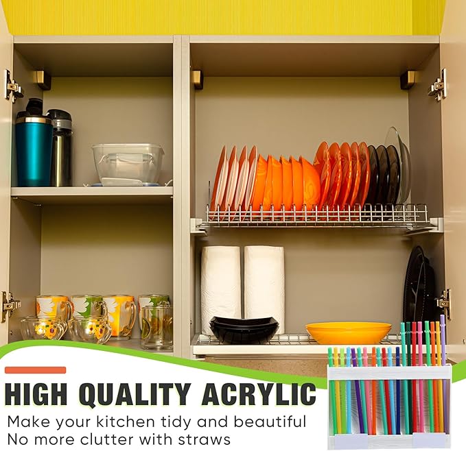 Qinyoung Acrylic Straw Holder for Cabinet Door with Double Sided Adhesive Tape Reusable Straw Organizer Tumbler Storage Kitchen Accessories Container for Counter Cupboard(Wood Texture,Large,White)