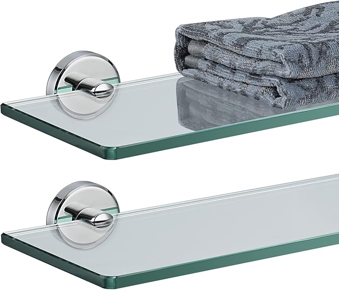 JQK Bathroom Glass Shelf Chrome, Tempered Glass Shower Storage 20 by 5 inches, 304 Stainless Steel Polished Chrome Wall Mount, 2 Pack, TGS101L20-CH-P2
