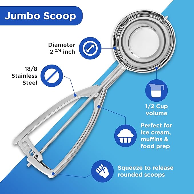 Jenaluca Jumbo Ice Cream Scoop - 18/8 Stainless Steel Cupcake and Muffin Scooper - 1/2 Cup Disher Size #8 for Icecream, Batter & Food Portions