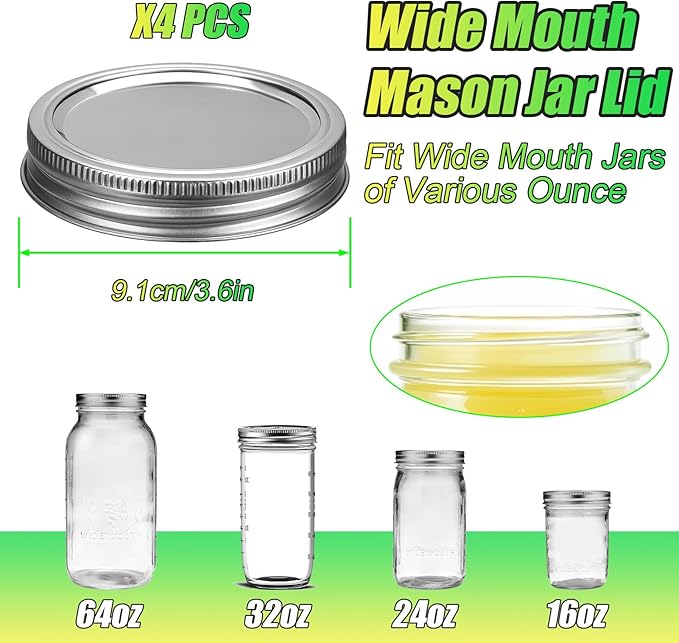 Palksky Stainless Steel Wide Mouth Canning Lids and Rings, Airtight/Rustproof Mason Jar Lids with Bands Set of 4