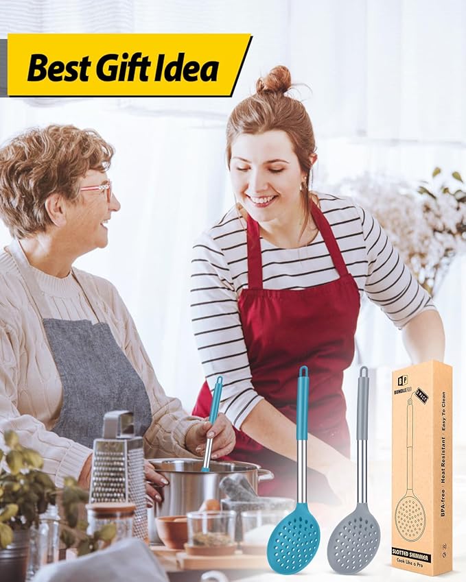 Kitchen Ladle Strainer Set of 2 Large Slotted Spoon with High Heat Resistant BPA Free Non Stick Cooking Skimmers For Draining and Frying (Grey and Teal Blue)