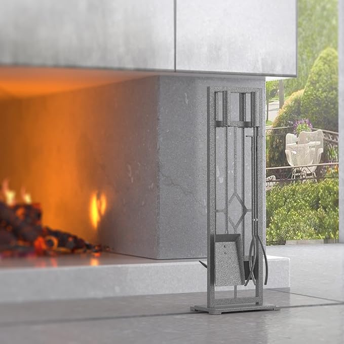 Fire Beauty 5 Pieces Fireplace Tools Set Wrought Iron Fire Place Pit Poker Holder(Pewter)