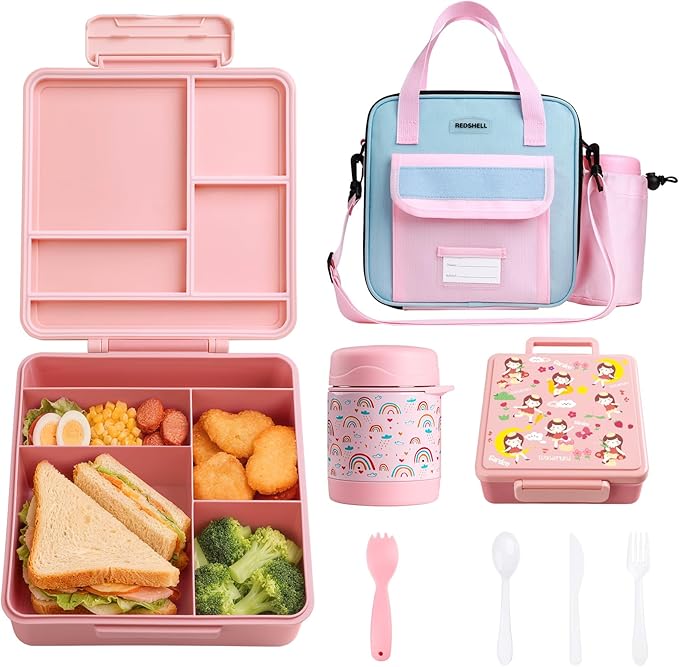 REDSHELL Bento Lunch Box for Kids Set, Leakproof Food Jar Pail with Insulated Bag, Toddler Snack Container Lunchbag for Girls Daycare, Back to School Lunchbox Kit, Includes Bottle Holder Strap, Pink