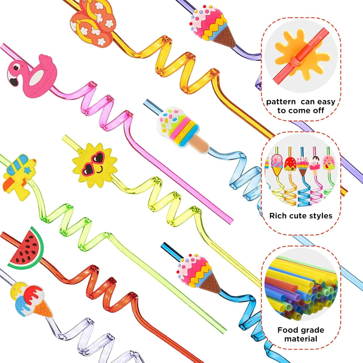 QKP 16PCS Reusable Ice Cream Beach Straws, Swirly Drinking Straws for Party Supplies, Birthday Party Favors with 2 PCS Cleaning Brushes(Blue + Pink)