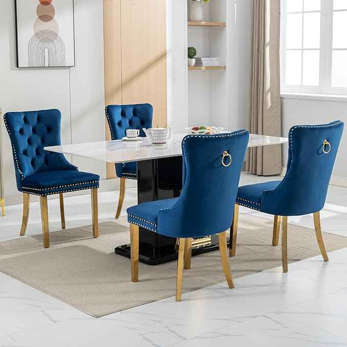 Blue Velvet Dining Chairs Set of 4, Dining Room Chairs Set of 4, Tufted Upholstered Dining Room Chair, Back Ring Pull Trim, Golden Stainless Steel Legs, Blue