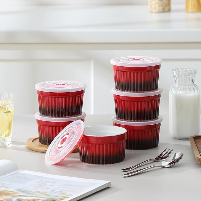 vancasso 8 oz Ramekins with Lid, Porcelain Creme Brulee Souffle Dishes, Red Pudding Custard Cups Ramiken for Baking, Dishwasher and Oven Safe, Set of 6