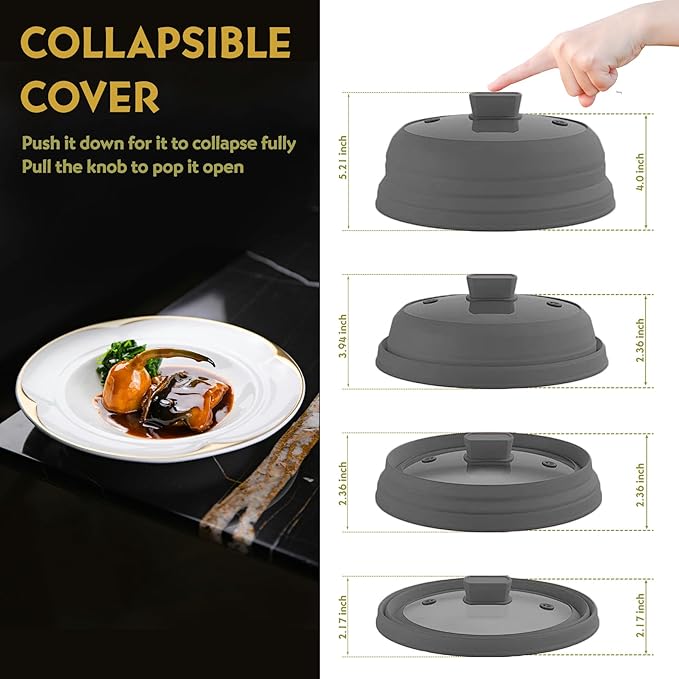 Collapsible Microwave Splatter Cover, Glass Silicone Foldable Microwave Lid for Food, 10.8 Inch Grease Splatter Guard for Pots, Pans & Bowls, Grey