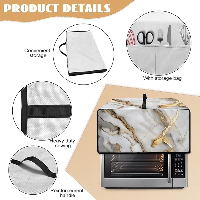 Toaster Oven Dust Cover with Storage Pockets, Protective Decorative Smart Oven Cover for for Kitchen Countertop, S, 14.5 x 18.5 x 9 Inches, White Gold Gray Marble