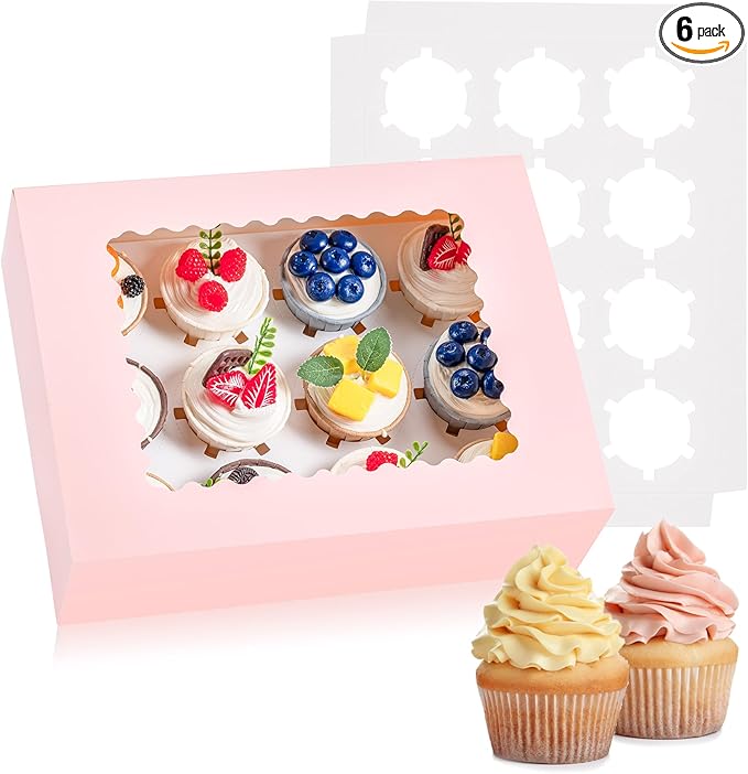 Hoewina 6PCS Cupcake Boxes - Hold 12 Count Cupcake Containers with Window, Food Grade Cupcake Holder Easy Transport and Presentation - Ideal for Cupcakes, Desserts, and More (Pink)