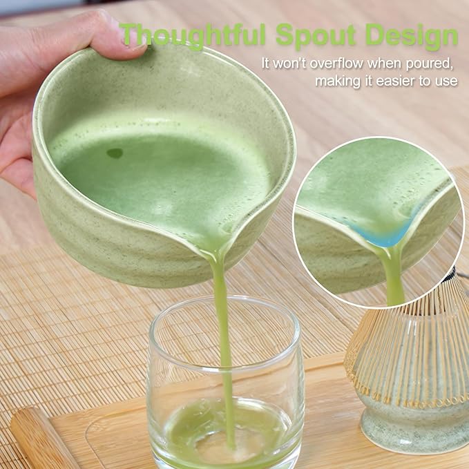 Green Matcha Whisk Making Set - Japanese Tea Kit with Whisk Bowl and Bamboo Scoop Ceramic Chawan with Spout for Traditional Tea Ceremony Complete Matcha Making Tools Gift for Tea Lovers (Green, 5 PCS)