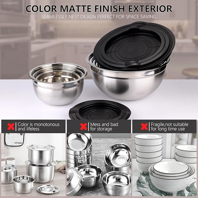 Leidawn Mixing Bowls with Lids set - 25 PCS Stainless Steel Nesting Black Mixing Bowls Set for Baking, Mixing, Serving & Prepping, Size 5, 3.7, 2.8, 2.3, 1.7, 1.1, 0.7QT, 11 Cooking Utensils