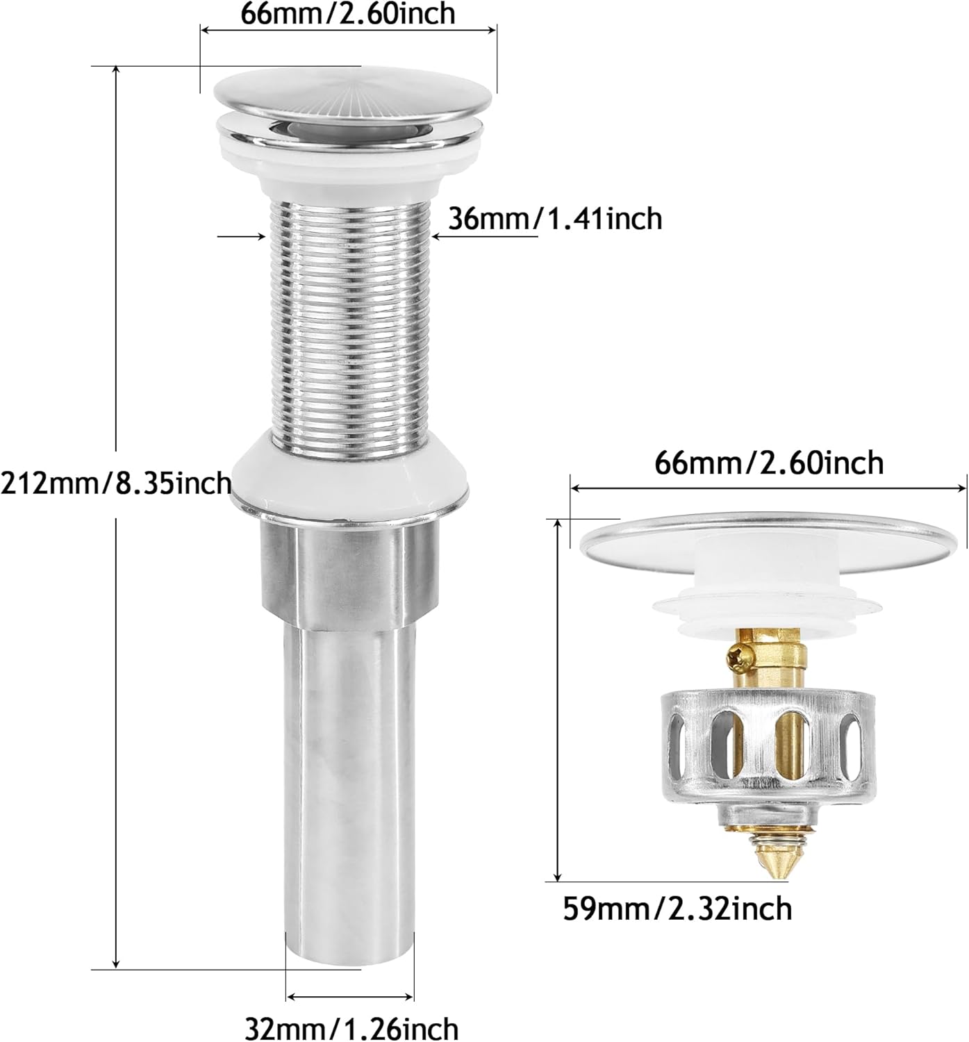 Bathroom Sink Drain,2 Pack Drain Stopper Without Overflow,Pop Up Drain Assembly with Detachable Strainer Basket,Built-in Anti-Clogging, Stainless Steel Nut Brushed Nickel