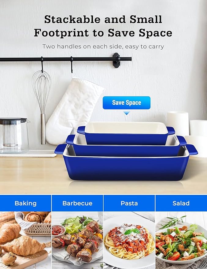 3Piece Casserole Dish Ceramic Baking Dish Rectangular Baking Dishes for Oven Ceramic Bakeware with Handles Durable Nonstick Large Lasagna Pan for Cooking, Baking, 10'' x 7'', Gradient DarkBlue