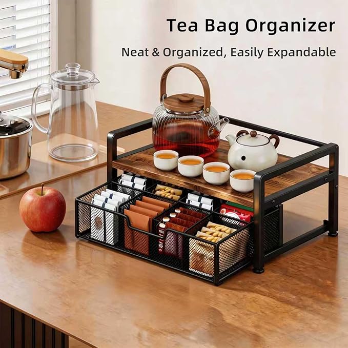 Tea Bag Organizer with 8-Compartment Mesh Drawer, Wood & Metal Holder Storage Chest for Countertop, Multi-Functional Coffee and Tea Station Box Caddy Display Rack for Kitchen Pantry, Rustic Brown