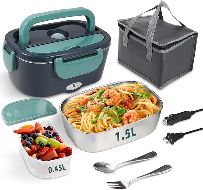SOHIDA Electric Lunch Box Food Heater, 80W Portable Warmer for Car Truck Work with 304 Stainless Steel Container, 12V/24V/110V Green Heated Lunch Box Suitable for Ideal Driver/Work/Gift